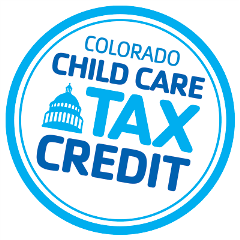 A blue circle with the text Colorado Child Care Tax Credit